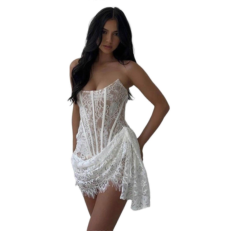 Womens Sexy Strapless Lace-Up Backless Mini Tube Dress Vintage Floral Lace Package Hip Irregular Ruched Corset Dresses  White S | Fruugo SG