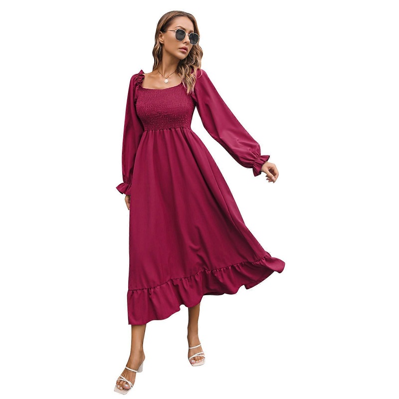 Womens Shirred Ruffled Flounce Long Sleeve Maxi Dress Square Neck Solid Color High Waist Flowy A-Line Smocked Dresses  Burgundy XL | Fruugo SG