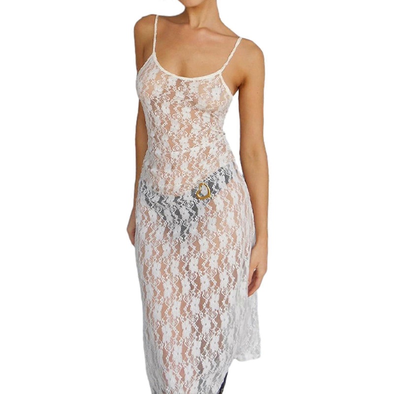 Womens Spaghetti Strap See Through Mesh Long Dress Sexy Lace-Up Backless Floral Lace Cover Up Slim Fitted Beach Dresses  White S | Fruugo SG