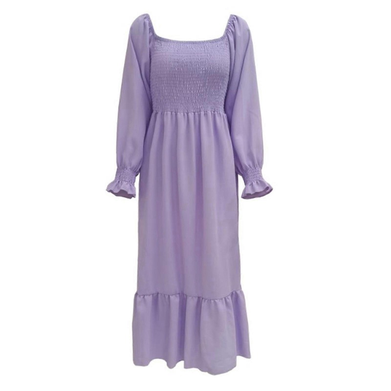 Womens Square Neck Flounce Shirred Ruffled Hem Maxi Swing Dress Puff Long Sleeve Solid Color Off Shoulder A-Line Dresses  Purple XL | Fruugo SG