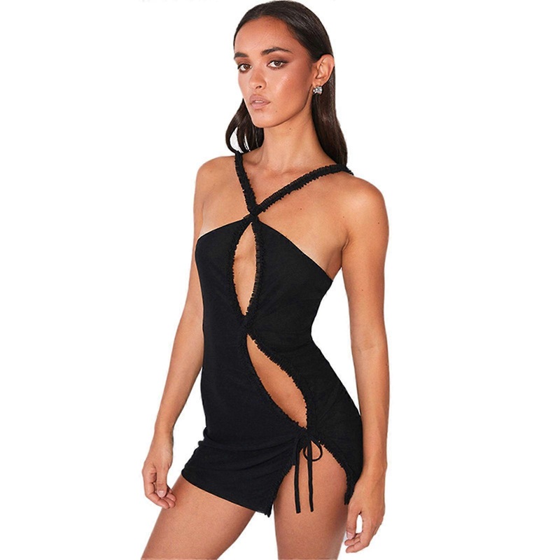 Womens Summer Halter Backless Sexy Cut Out Mini Bodycon Dress Vintage Ruffle Trim Side Split Tie Up Club Party Dresses  Black S | Fruugo SG