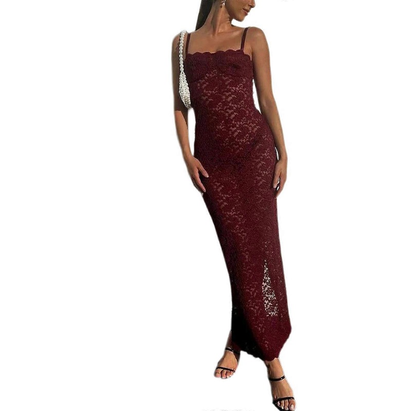 Womens Summer Sleeveless Sling Straps Square Neck Bodycon Long Dress Sexy See Through Flower Lace Back Split Party Dress  Burgundy XL | Fruugo SG