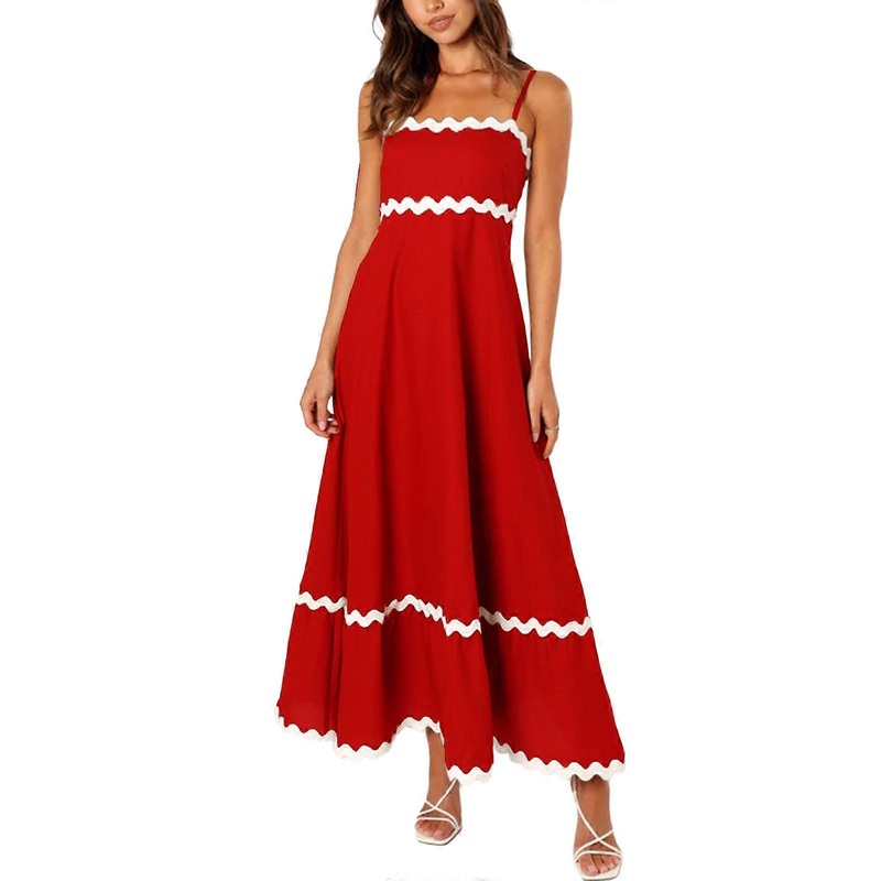 Womens Summer Square Neck Patchwork Long Maxi Dress Casual Spaghetti Strap Beach Dresses  Red XL | Fruugo SG