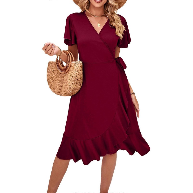 Womens Wrap V-Neck Dress Ruffle Short Sleeves Dress Summer Casual Dress Solid Color Dress with Belt for Holiday Travel  Burgundy S | Fruugo SG