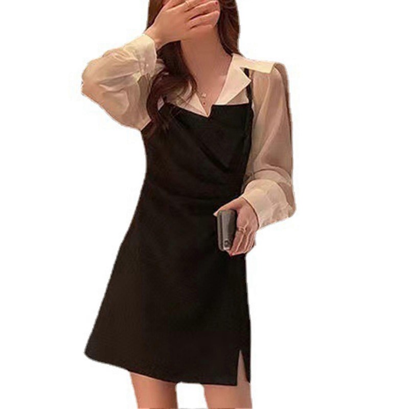2 in 1 Long Sleeve Dress Women Fashionable Elegant Split Hem Waist Gathered Dress for Holiday Party | Fruugo SG