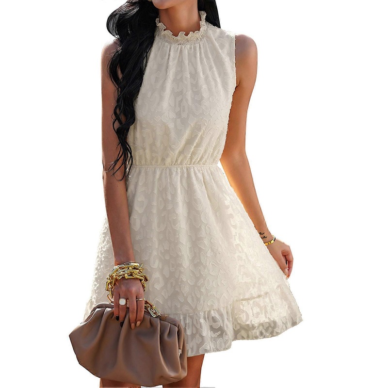Apricot M Woman Chiffon Short Dress Casual Ruffle Sundress Lace Stand Neck Sleeveless Dress for Summer | Fruugo SG