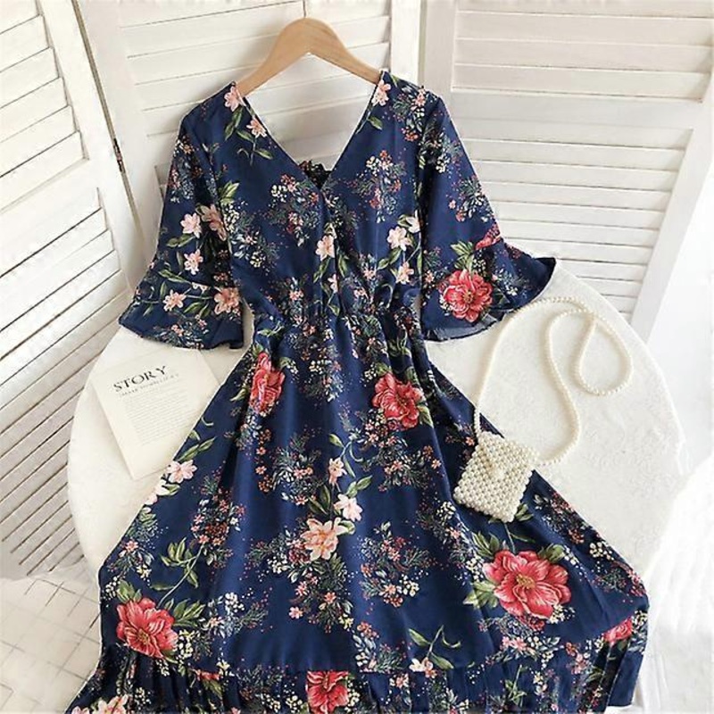 Atopos Floral Beach Summer Dress Women V Neck Short Sleeve High Waist Holiday Dresses Sundress Vestidos Female Clothes 2022-dark blue,One Size | Fruugo SG