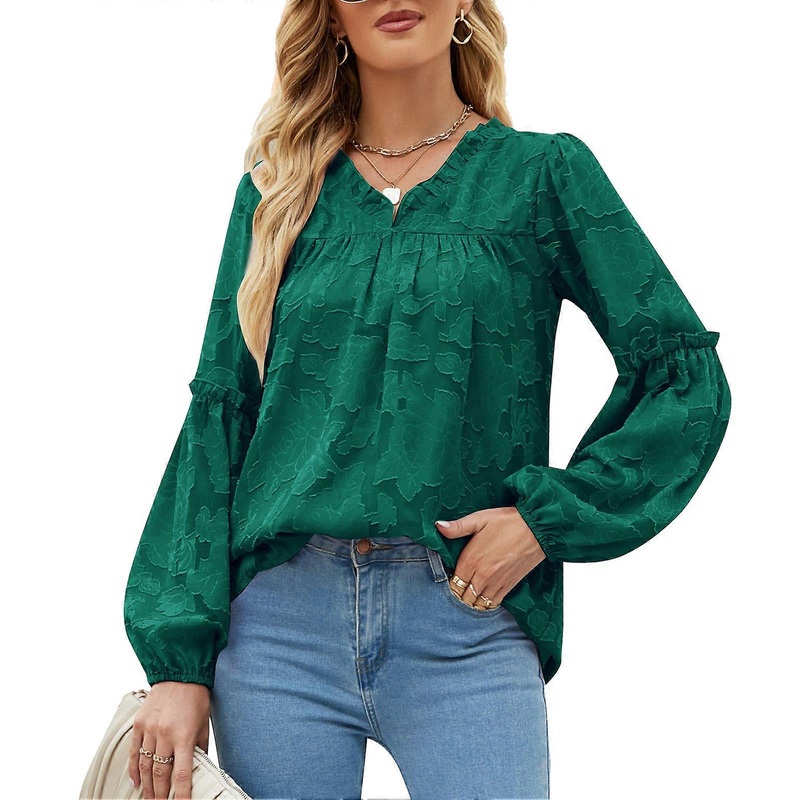 Blouse V Neck Puff Long Sleeve Print Texture Pure Color Fashionable Casual Tops for Women | Fruugo SG