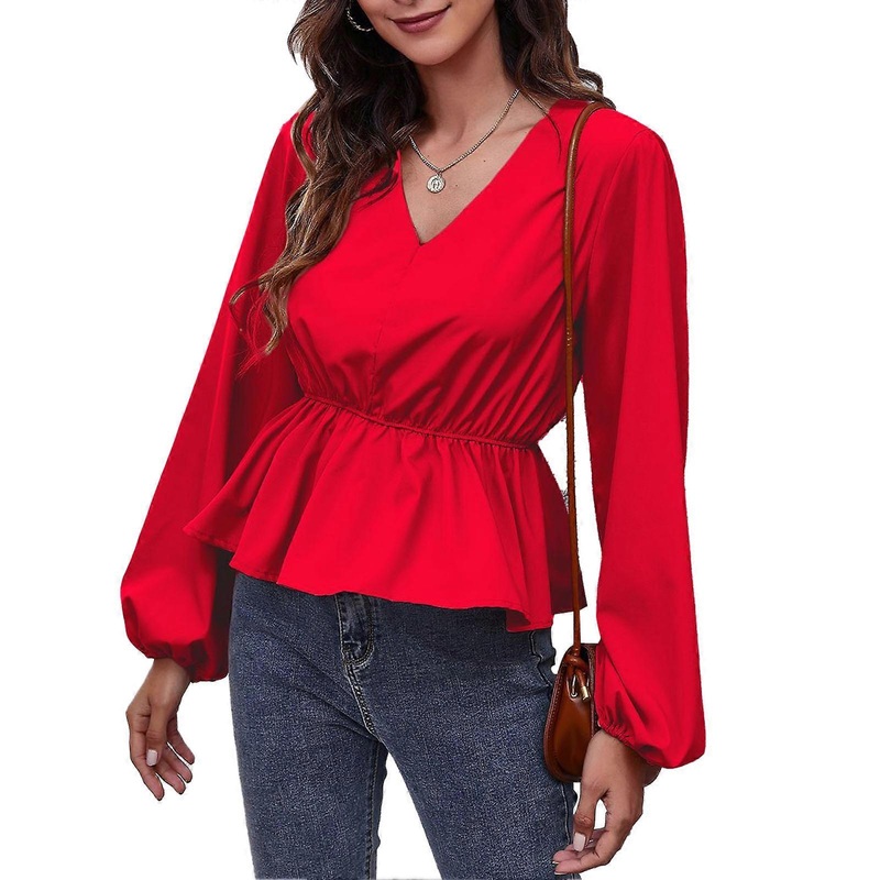 Blouse V Neck Puff Long Sleeve Waist Slimming Pure Color Fashionable Tops for Women | Fruugo SG
