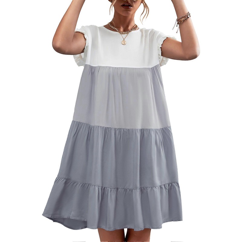 Contrast Color Splicing Dress Classic One Piece Dress with Ruffled Cuffs Machine Washable for Summer Gray M | Fruugo SG