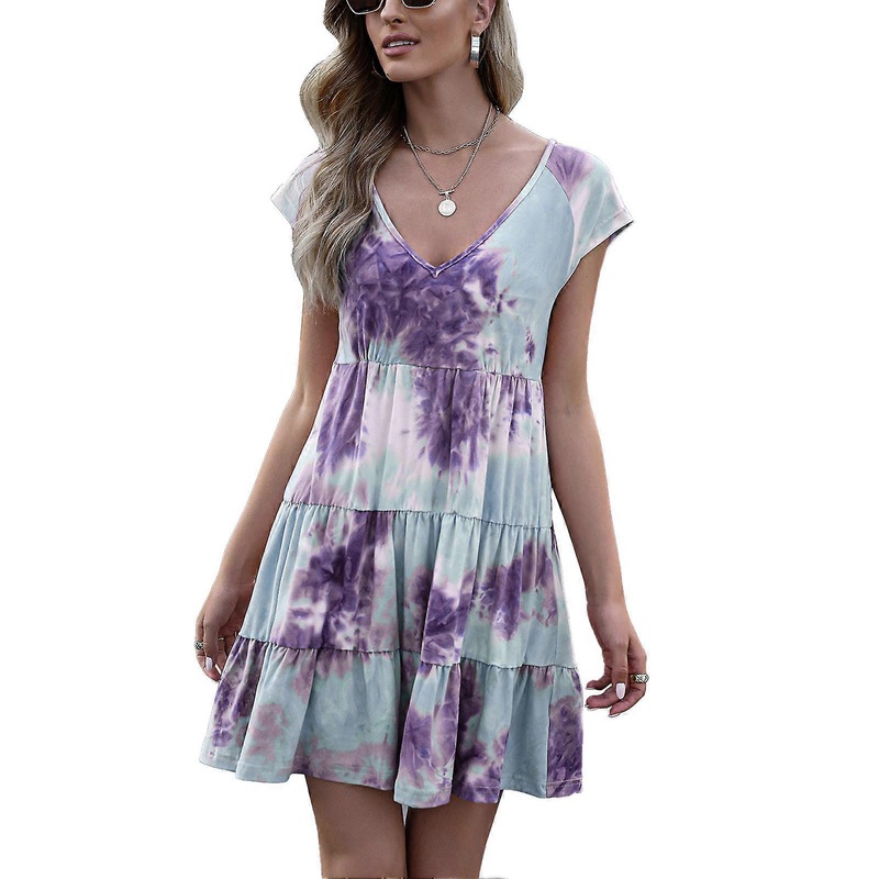 Deep V Neck Tie Dye Print Dress Women Elegant Casual Gradient Loose Hem Short Sleeved Tiered Dress | Fruugo SG