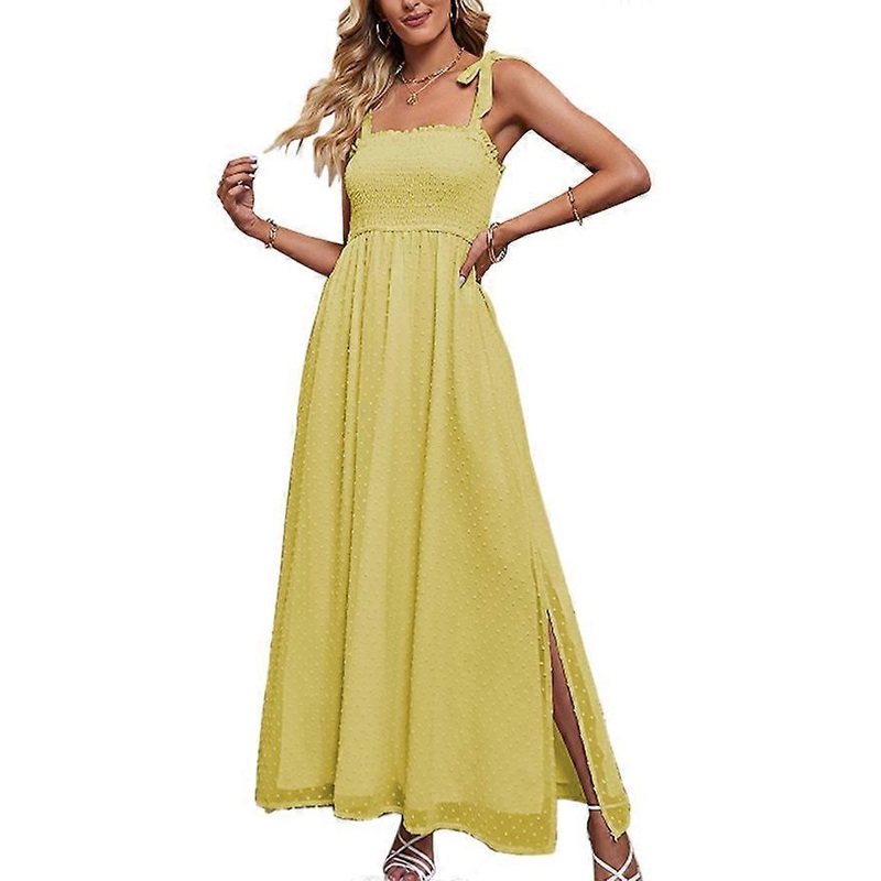 Dot Smocked Long Sun Dress Pure Color Bow Shoulder Strap Square Neck Side Split Maxi Dress for Birthday Yellow XL | Fruugo SG