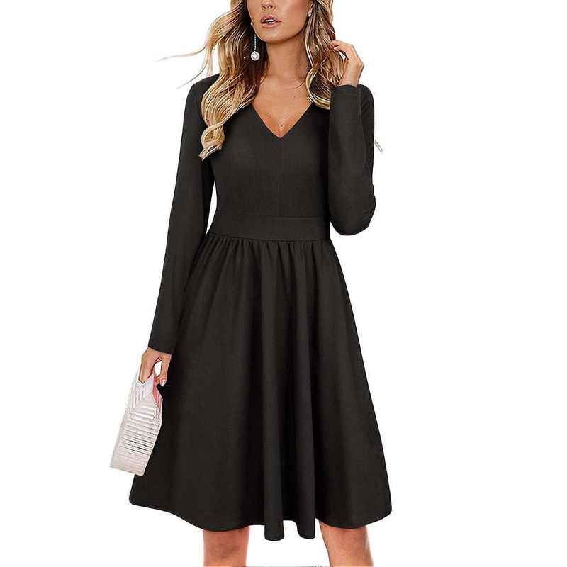 Dress High Waist V Neck Long Sleeve Drape Bodycon Pure Color Knee Length Dress for Women | Fruugo SG