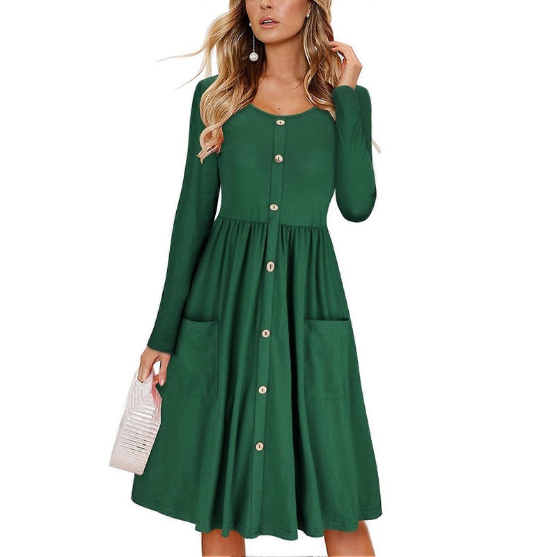 Dress Long Sleeve Round Neck Button Down Pure Color Pocket High Waist Dress for Women | Fruugo SG
