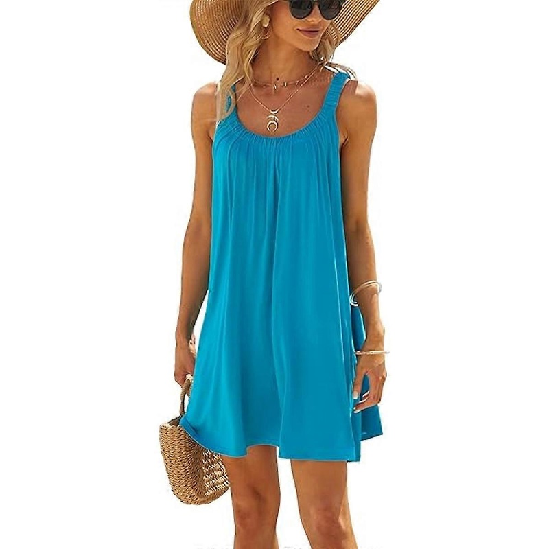 Dresses for women Summer Sleeveless Tank Dress Plain Pleated Vest T Shirt Dress Casual Loose Mini Dress | Fruugo SG