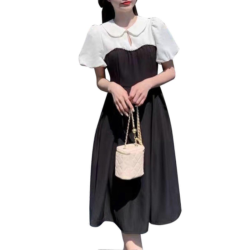 Elegant Dress Doll Collar Short Puff Sleeves Sweet Black White Slim Fit Women Dress for Dinner Date Holiday | Fruugo SG