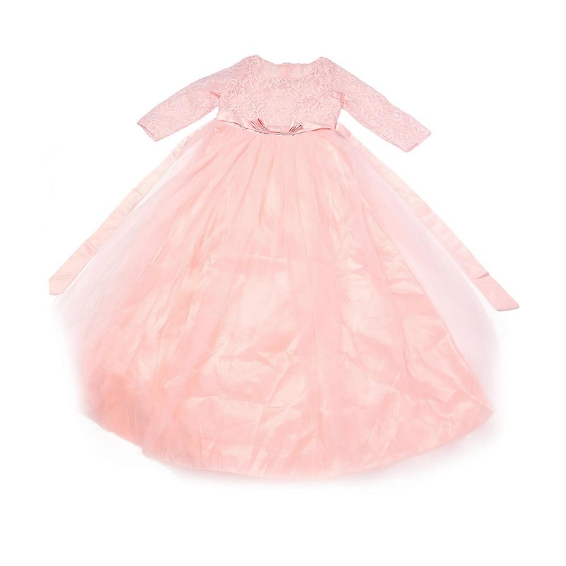 Girl Performance Dress Lace Long Sleeves Princess Pageant Bow Tie Pure Color Dress Pink | Fruugo SG