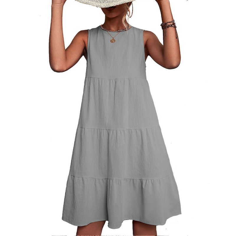 Gray M Round Neck Tiered Dress Women Solid Elegant Casual Loose Hem Sleeveless Dress for Party Daily Life | Fruugo SG