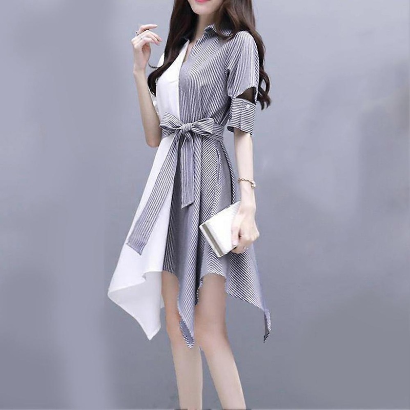 L Fashion Women Stitching Dress Irregular Half Sleeve Turn-Down Collar Slim Dress | Fruugo SG