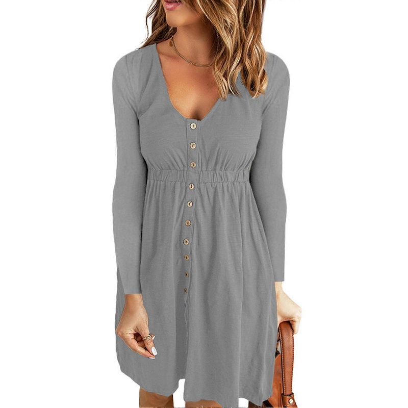 Long Sleeve Dress Pure Color Medium Length Elegant V Neck Tighten Casual Dress Shirred Waist Breathable Slim Fit for Woman Light Gray XL | Fruugo SG