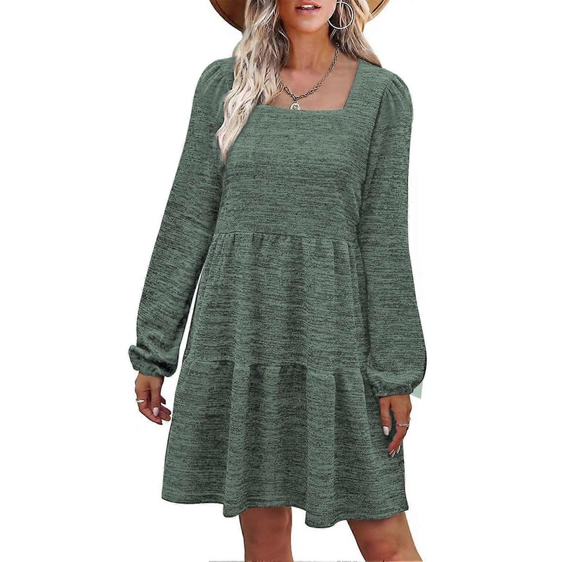 Long Sleeve Dress Squared Neck Pure Color Tiered Design Puff Sleeve Women Summer Tunic Dress for Party Office | Fruugo SG