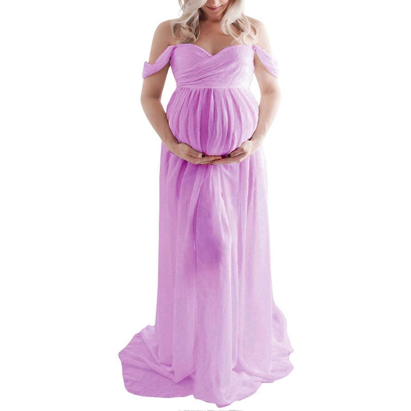 Maternity Long Dress Off Shoulder Elegant Stylish Loose Hem Pregnant Woman Dress for Bridal Shop Shooting Light Purple M | Fruugo SG