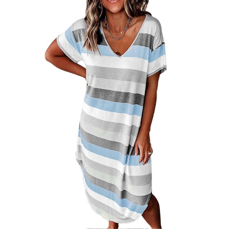 Split Side Maxi Dress Short Sleeve V Neck Casual Loose Curved Hem Striped Printed Maxi Long Dress for Women Blue Grey M | Fruugo SG