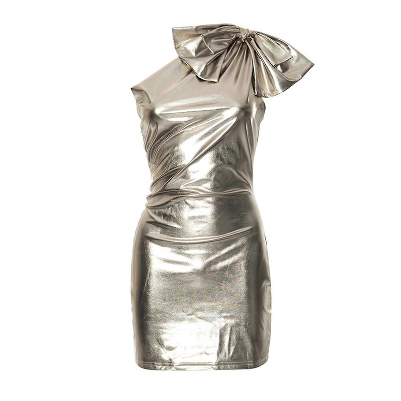 Stylish Women’s Faux Leather Mini Dress with Bowknot One Shoulder Sleeveless Metallic Bodycon Dresses for Cocktail Party  L | Fruugo SG