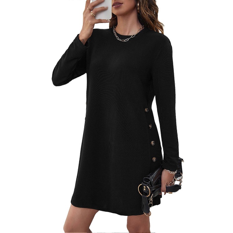 Women Dress Midi One Piece Round Neck Long Sleeve Pure Color Loose Straight for Home Office | Fruugo SG