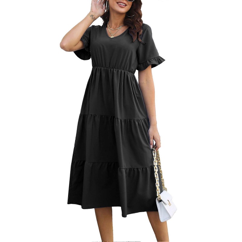 Women Long Dress V Neck Short Sleeves Ruffle Hem Pure Color Casual Dress for Daily Wear | Fruugo SG