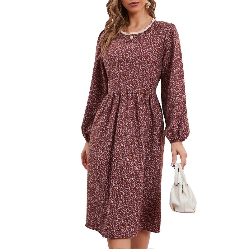 Women Midi Dress Floral Print Crew Neck High Waist Long Sleeve Dress for Dating Home Office | Fruugo SG