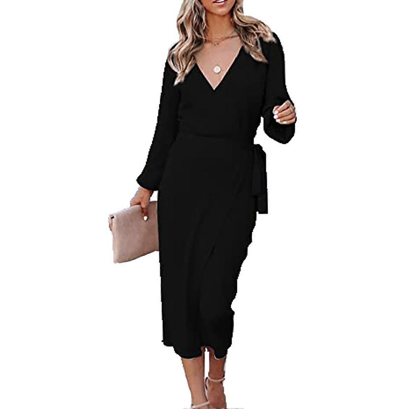 Women’s Long Dress Elegant V Neck Long Sleeve Pure Color Slit Hem Knitted Dress with Belt | Fruugo SG