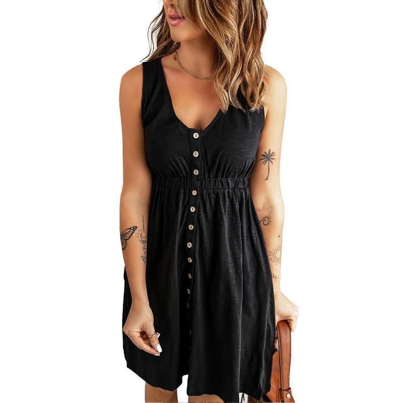 Women Short Dress V Neck Front Single Breasted Elastic Waist Sleeveless Dress for Summer Wear Black S | Fruugo SG