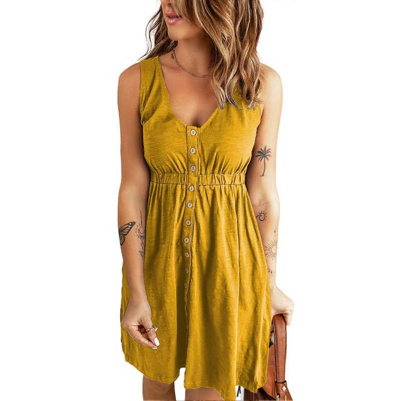 Women Short Dress V Neck Front Single Breasted Elastic Waist Sleeveless Dress for Summer Wear Yellow XXL | Fruugo SG