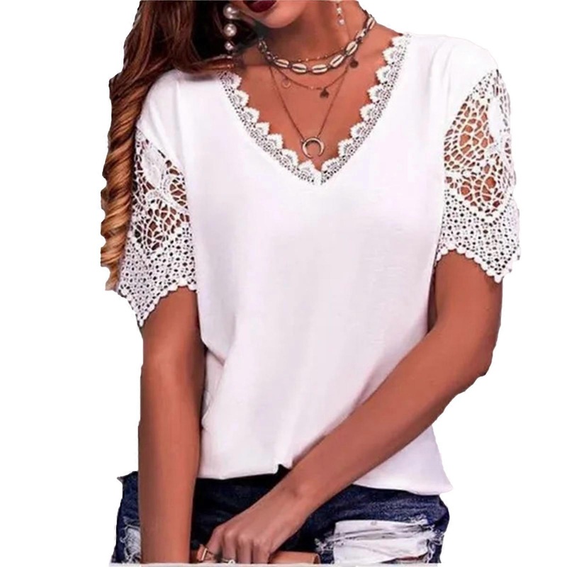 Women Short Sleeve Blouse V Neck Cute Lace Pure Color Fashionable Breathable Casual for Shopping Dating Office | Fruugo SG