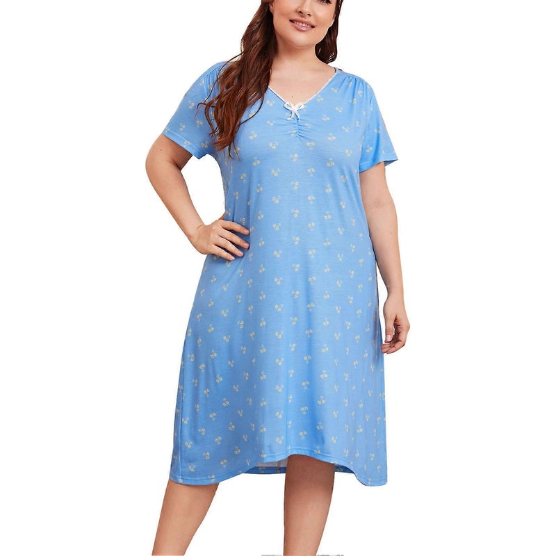 Women Short Sleeve Nightgown V Neck Front Ruched Bow Decoration Print Nightdress Loose Comfortable Sleepwear | Fruugo SG