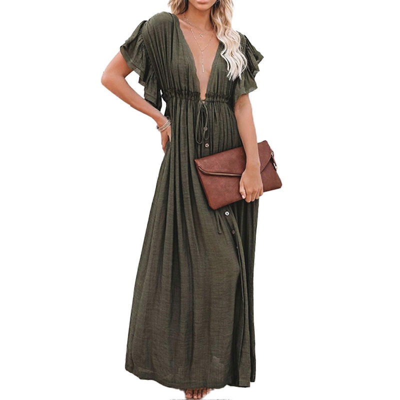 Women Swimsuit Cover Ups V Neck Button Down Waist Drawstring Ruffled Sleeve Women Beach Dress for Party Outdoor | Fruugo SG