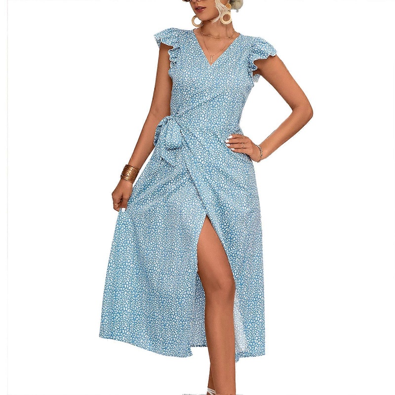Women Wrap Dress Cap Sleeves V Neck Tie Waist Split Hem Floral Printed Loose Summer Casual Dress | Fruugo SG
