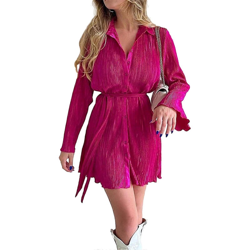 Womens Button Down Collar V Neck Shirt Dresses Tie Waist Swing Mini Dress Casual Solid Long Sleeve Tunics Tops with Belt  rose Red M | Fruugo SG