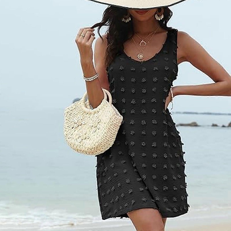 Womens Casual Sun Summer Dresses V Neck Dot Beach Cover Up Tank Dress with Side Pockets Black XL | Fruugo SG