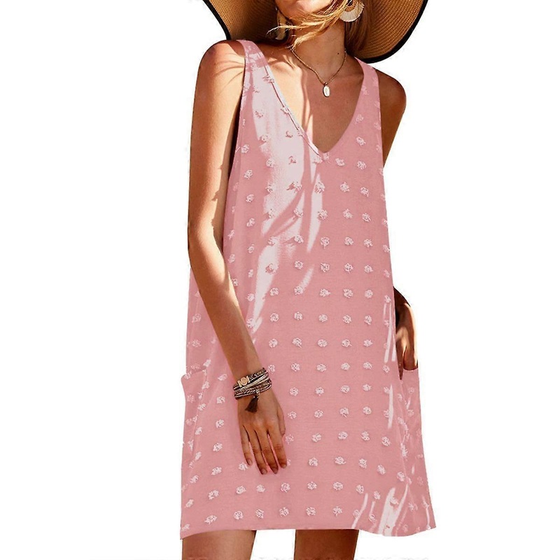Womens Casual Sun Summer Dresses V Neck Dot Beach Cover Up Tank Dress with Side Pockets Pink XXL | Fruugo SG
