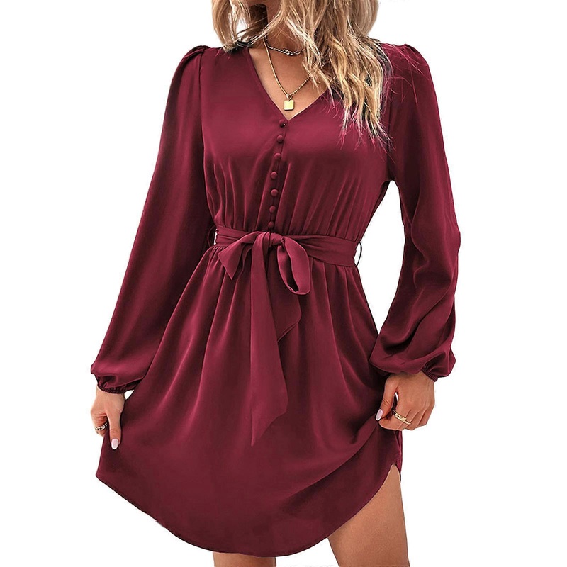 Womens Ruched A-line Dress Long Sleeve Wrap V-Neck Party Midi Dress Sexy Elegant Cocktail Dresses with Belt  Burgundy L | Fruugo SG