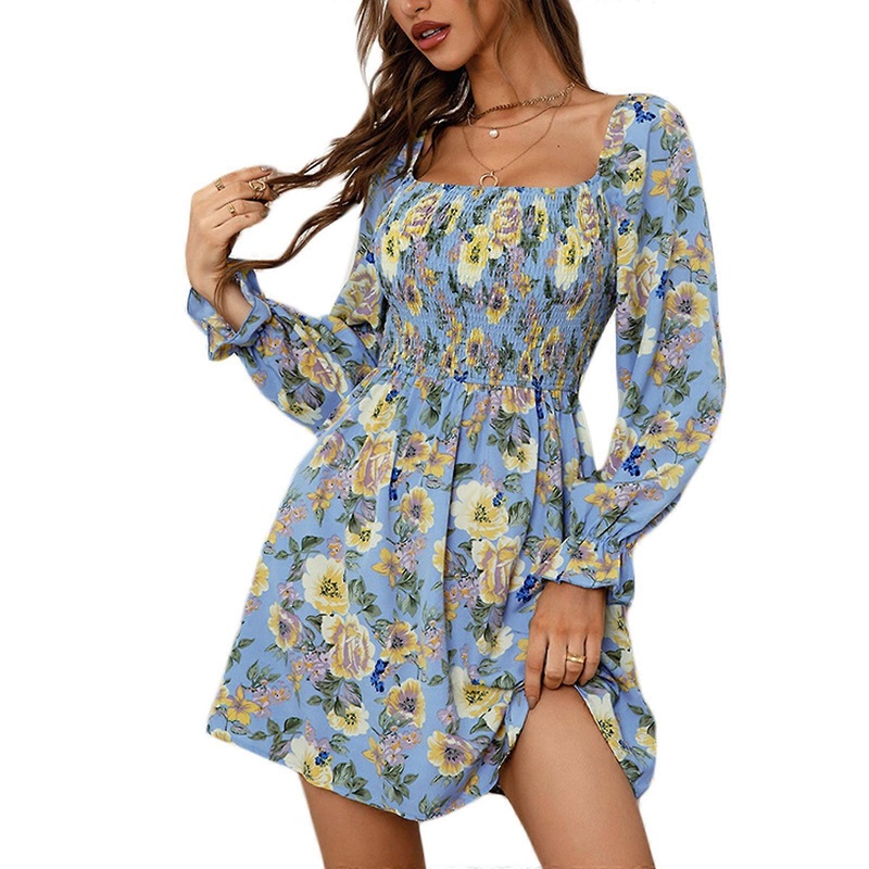 Womens Summer Casual Square Neck Ruffle Long Sleeve Smocked High Waist Mini Dress Floral Print A-line Short Mini Dress  Blue XL | Fruugo SG