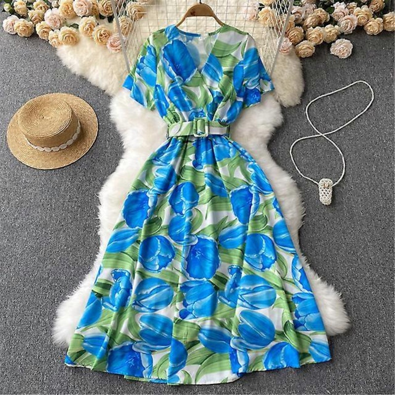 Atopos Summer Robe Women Floral Beach Dress V Neck Short Sleeve Belt High Waist Dresses Sundress Holiday Vestido Female Outfits-blue,L | Fruugo SG