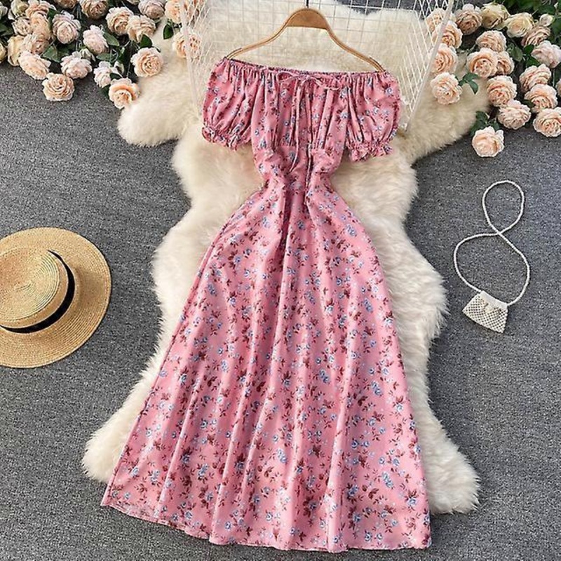 Atopos Sweet Floral Summer Dress Women Off Shoulder Puff Sleeve A Line Dresses Elegant Beach Vestidos Holiday Robe Female Outfit-pink floral,One Size | Fruugo SG