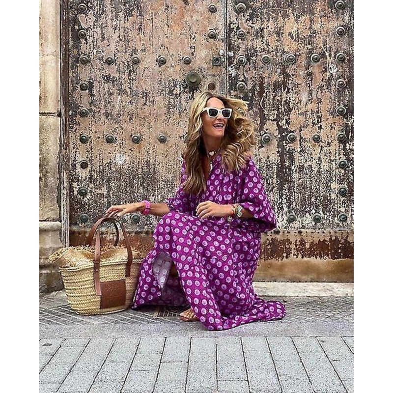 Autumn Bohemian Women's Dress Oversize V-neck Lantern Sleeve Long Dresses Female Elegant Casual Holiday Beach Clothes Ladies-Purple,L | Fruugo SG