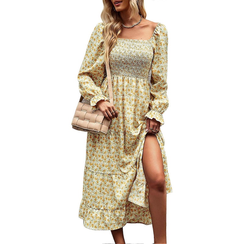 Boho Floral Print A Line Dress Long Sleeve Square Neck Tube Ruffle Hem High Waist Midi Dress Orange M | Fruugo SG