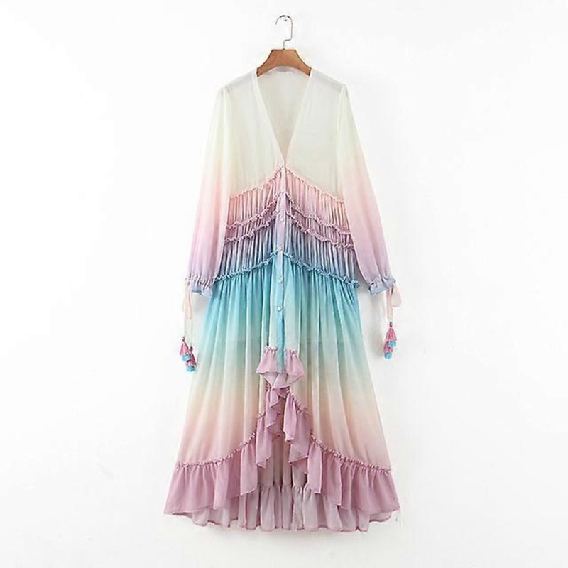 BOHO INSPIRED Rainbow HIGH LOW DRESS V-neck Tiered Ruffle Trim Summer Dress Holiday Long Beach Dress 2020 Chic Boho Dress Women-Printing Color,L | Fruugo SG