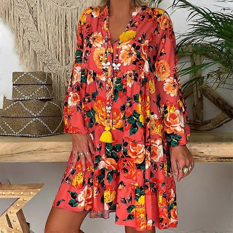 Boho Mini Dress Women Summer 2023 Casual Floral Print V-Neck Loose Holiday Beach Dresses Party Sundress Vestidos-Orange,XXL | Fruugo SG