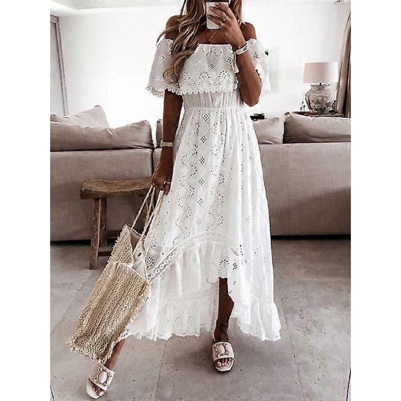 Boho White Dress Women Sexy Off Shoulder Lace Hollow Out Long Dresses Female Elegant Holiday Party Beach Maxi Dress Summer-White,S | Fruugo SG